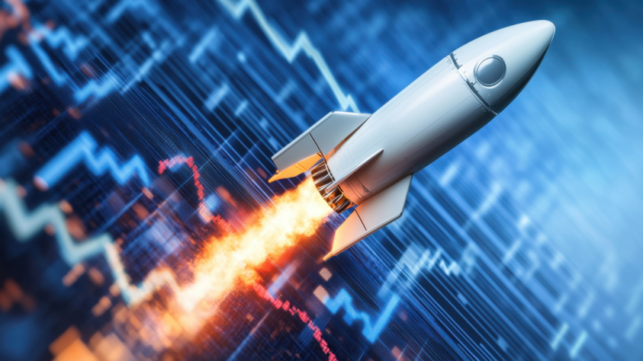 Rocket ship blasting off with data behind it